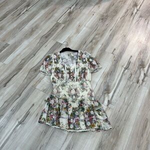 LoveShackFancy Floral Mini Dress in Cream and Pink